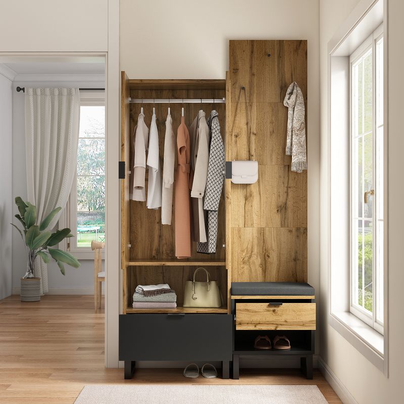 Ensemble Garderoben avec banc à chaussures et coussin, accessoires suspendus à l'avant, tiroirs et étagères réglables_voghion.com