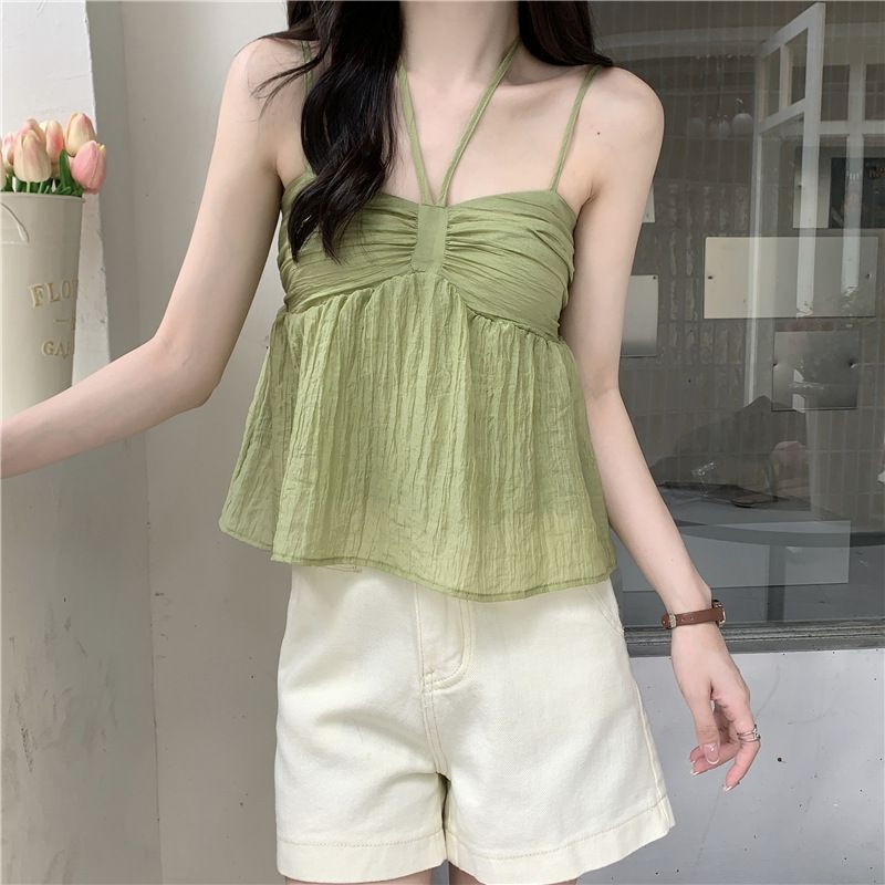 Women's Clothing Pure Color Small Fresh French Suspenders Women's Halter New Sweet Small Vest Outerwear Double Layer Suspenders_voghion.com