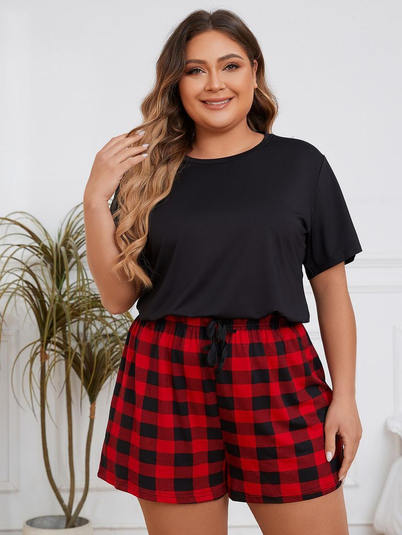 Plus Size Pajamas For Women Summer Fat Mm Red And Black Check Short Sleeve Shorts Home Wear Set_voghion.com