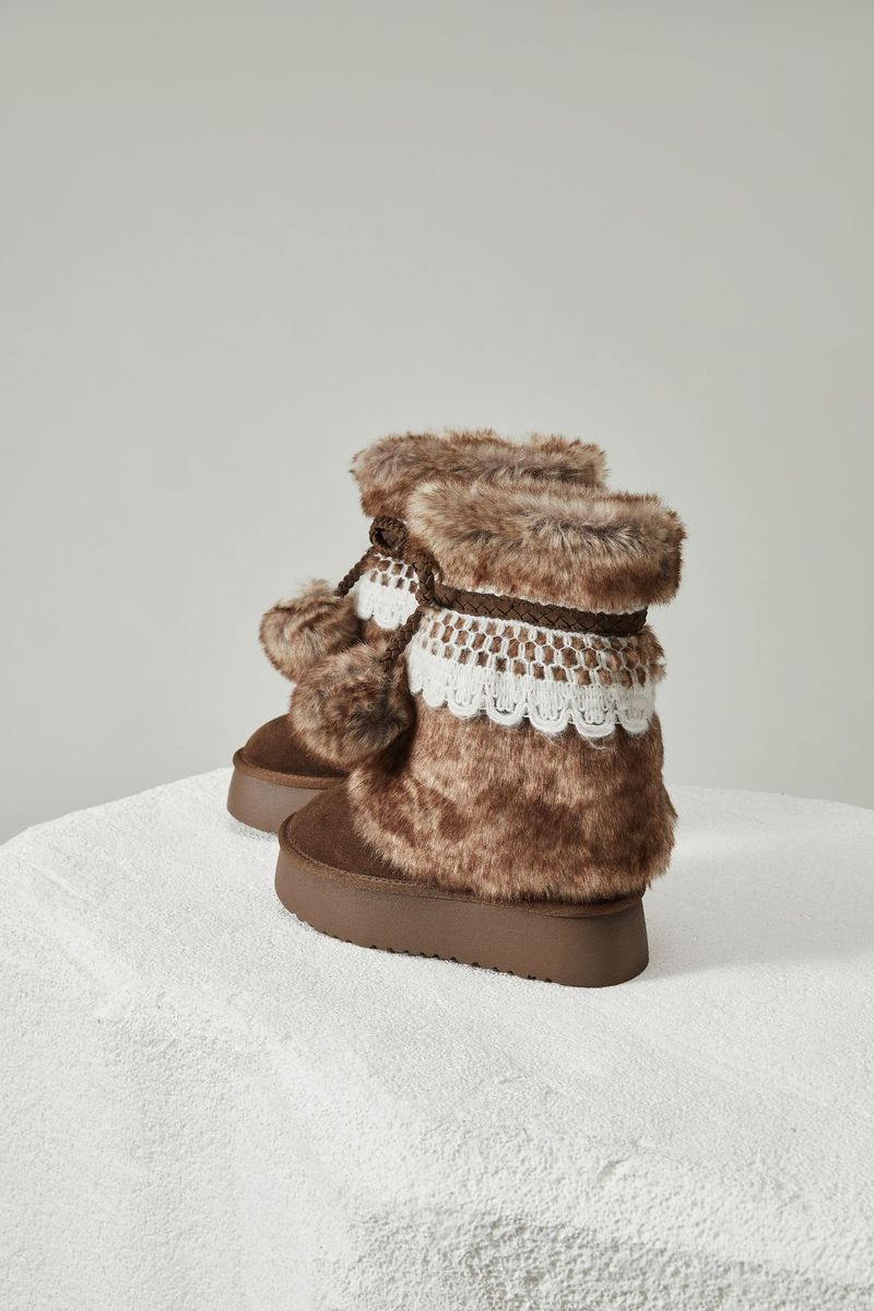 001 001 Bosi Herbst/Winter Dreifarbige runde Zehenpartie Dicke Sohle Waldstil Vielseitige warme Schnürbesätze Fellbommel Retro-Schneestiefel_voghion.com