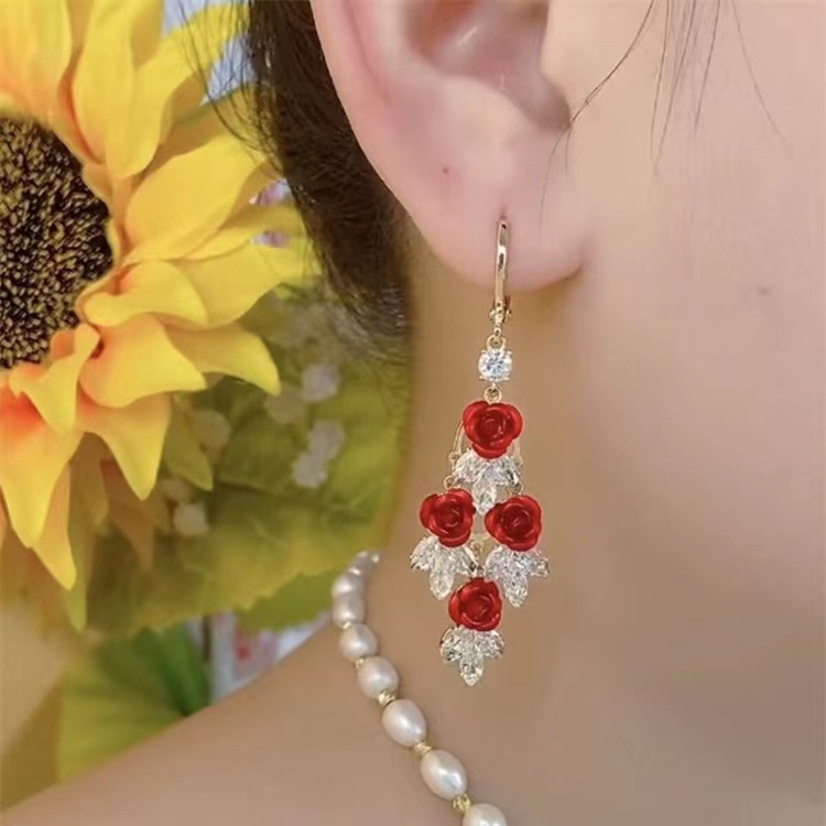 Women's Earrings Red rose zircon ear buckle unique design high-grade sense super fairy wave earrings temperament light luxury_voghion.com