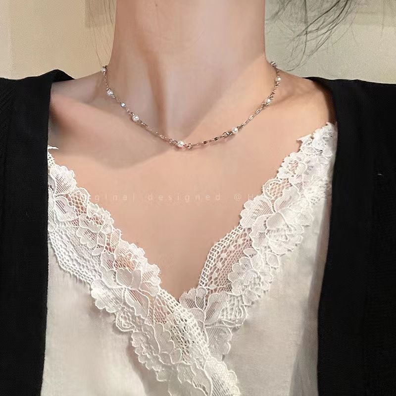 Collana con clavicola di perle non sbiadite in acciaio al titanio da donna, accessori per collane di nicchia dal design, temperamento semplice, collana versatile_voghion.com