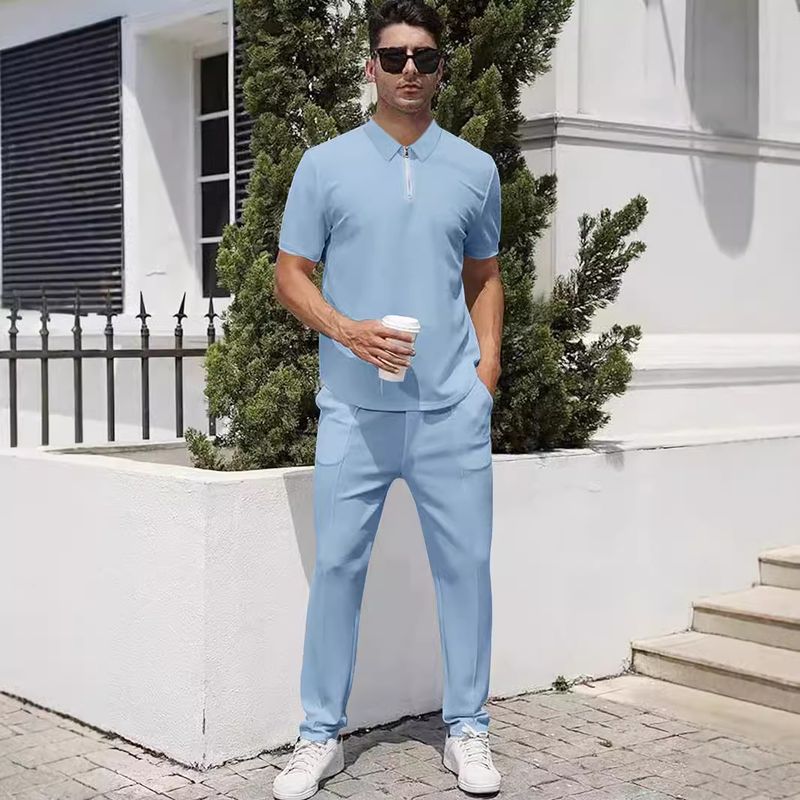 Ensemble 2 pièces pour homme, col rabattu, fermeture éclair, manches courtes, pantalon, décontracté, sport, mode, été 2025_voghion.com