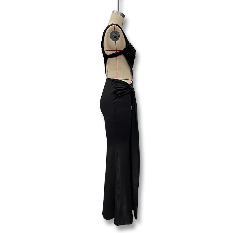 Abito lungo arricciato con lacci, tinta unita, alla moda, con schiena scoperta, monospalla, estivo 2025_voghion.com