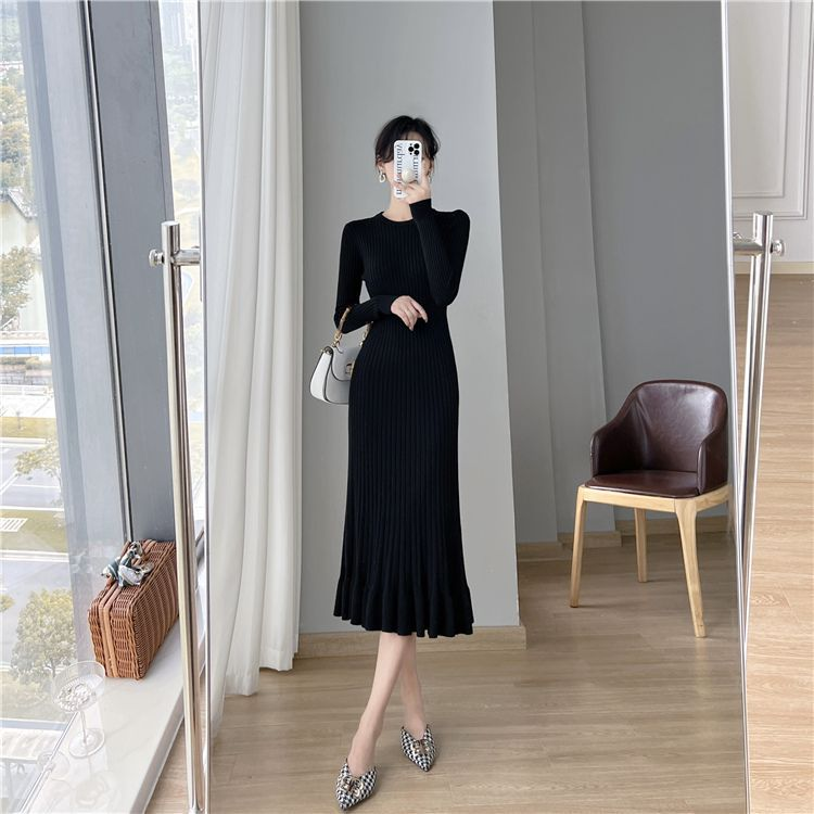Abito in maglia a coda di pesce K da donna sopra il ginocchio, lunghezza midi, strato base aderente invernale con cappotto._voghion.com