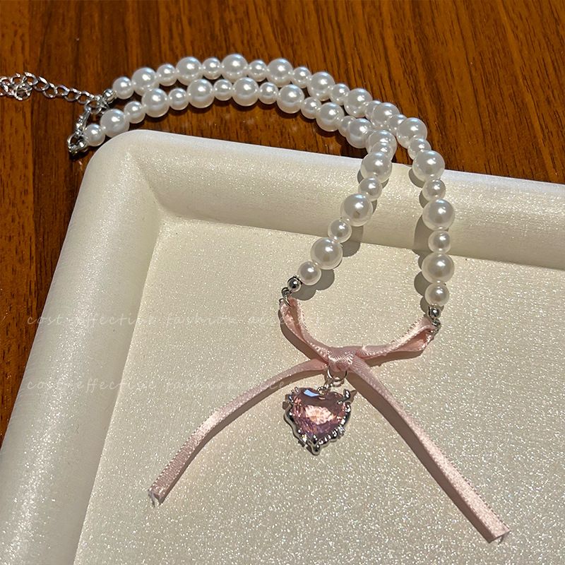 Collana con clavicola francese, dolce cuore rosa, fiocco di perle, design di nicchia femminile, dolce collana di puro desiderio_voghion.com