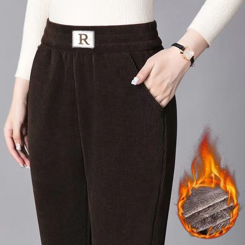 Women's Clothing Autumn and winter plus velvet thick chenille harem pants women's loose large size R standard casual pants straight pants pocket _voghion.com
