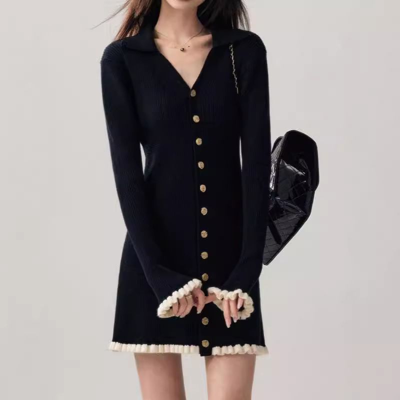 Maglione alla francese con scollo a V, stile piccolo, lavorato a maglia, autunno inverno, nuovo stile da donna, di alta qualità, con volant_voghion.com