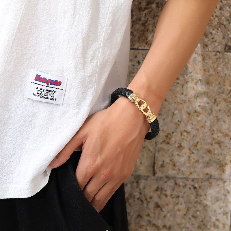 Men's Jewelry Leather Rope Bracelet Cross Anchor Stainless Steel Vacuum Gold Men's Braided Bracelet_voghion.com
