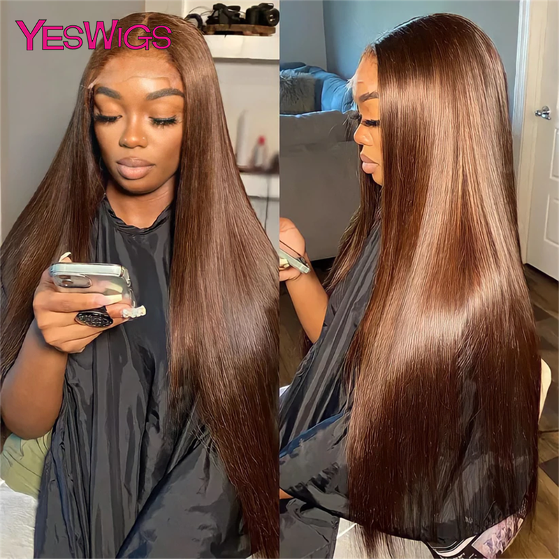 hot selling 13x6 Chocolate Brown Colored Front Human Hair HD Transparent Straight 360 Full Lace Frontal Wigs For Women Glueless_voghion.com