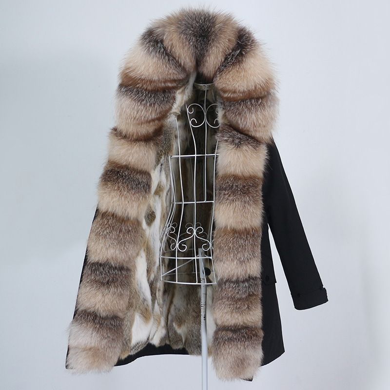Damenbekleidung Abnehmbarer Innenmantel mit Fuchspelzkragen Mittellang Modischer warmer Kapuzenmantel_voghion.com