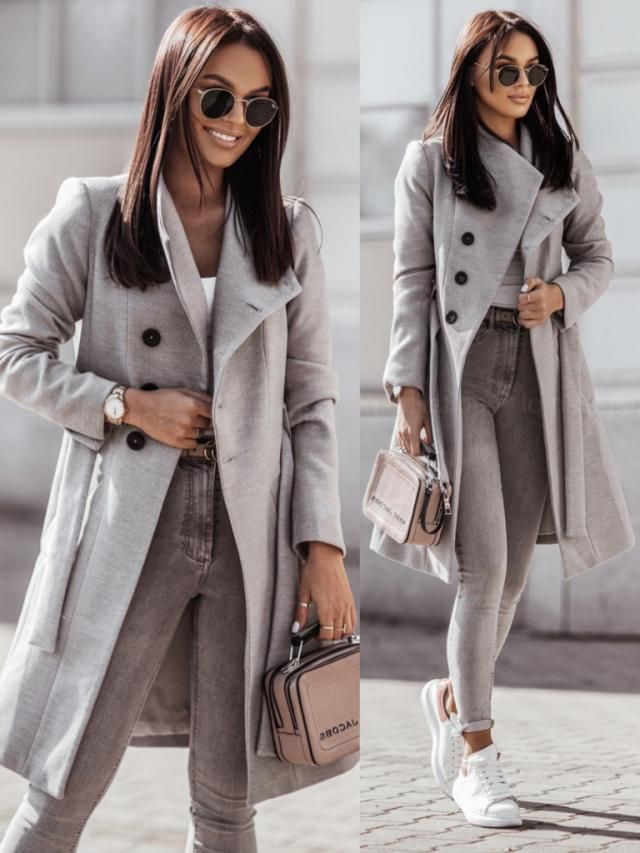 Women's woolen coat solid color lace-up medium long woolen coat_voghion.com