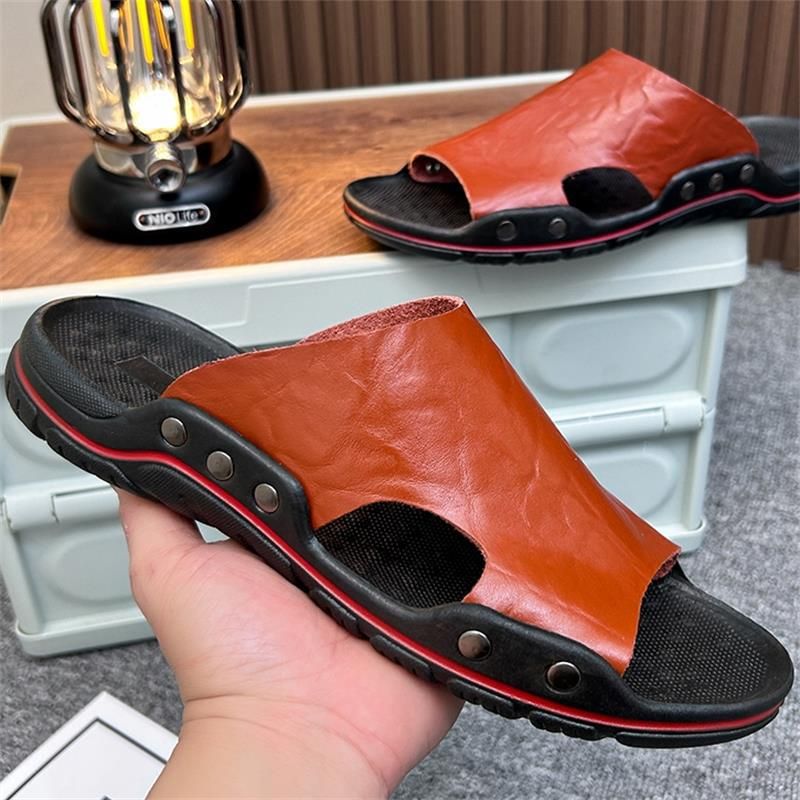 Große Größe 48 Ein-Wort-Hausschuhe für Männer zum Tragen zu Hause, Sandalen mit offener Spitze, Watstrand S, Hausschuhe aus Rindsleder, Herren_voghion.com