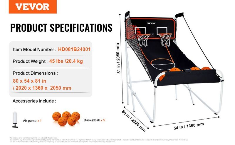 VEVOR Foldable Basketball Arcade Game, 2 Player Indoor Basketball Game, Home Dual Shot Sport With 5 Balls, 8 Game Modes, Electronic Scoreboard, And Inflation Pump, For Kids, Adults (Black & White)_voghion.com