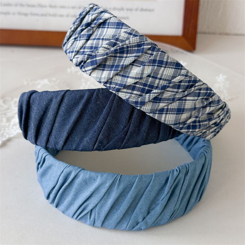Fascia per capelli da donna in tessuto plissettato scozzese blu con motivo coreano, fasce per capelli larghe di alta qualità, eleganti fermagli per capelli_voghion.com