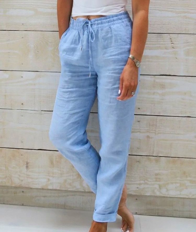 hot selling Sommer til Kvinder Bomuld Linned Højtalje Elastiske Casual Bukser Streetwear Solid Kvindetøj 2024 Pencil Bukser_voghion.com