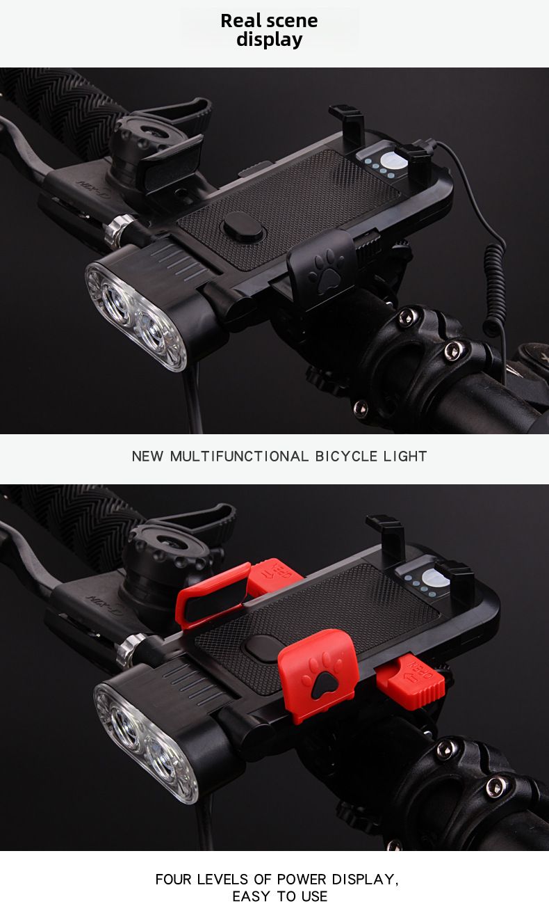 Suport telefon mobil pentru bicicletă, baterie externă multifuncțională, lumină puternică, claxon, rezistență mare, blocare cu un singur clic, încărcare telefon mobil_voghion.com