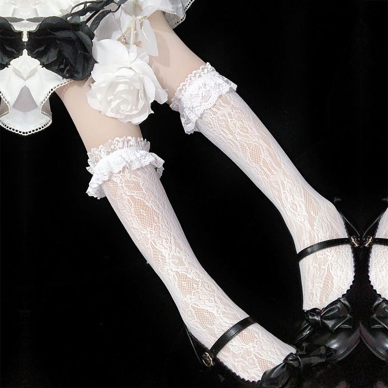 Japanische jk schwarze Spitzenstrümpfe Damen Sommer Sexy Abnehmen weiße Spitze mittellange flache Socken Frühling und Herbst dünn_voghion.com