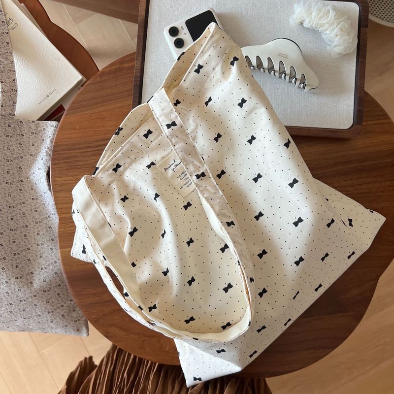 【Suxi Cloth Bag】Gray Black Floral Bow Cotton Shoulder Large Capacity Canvas Bag Simple Versatile_voghion.com