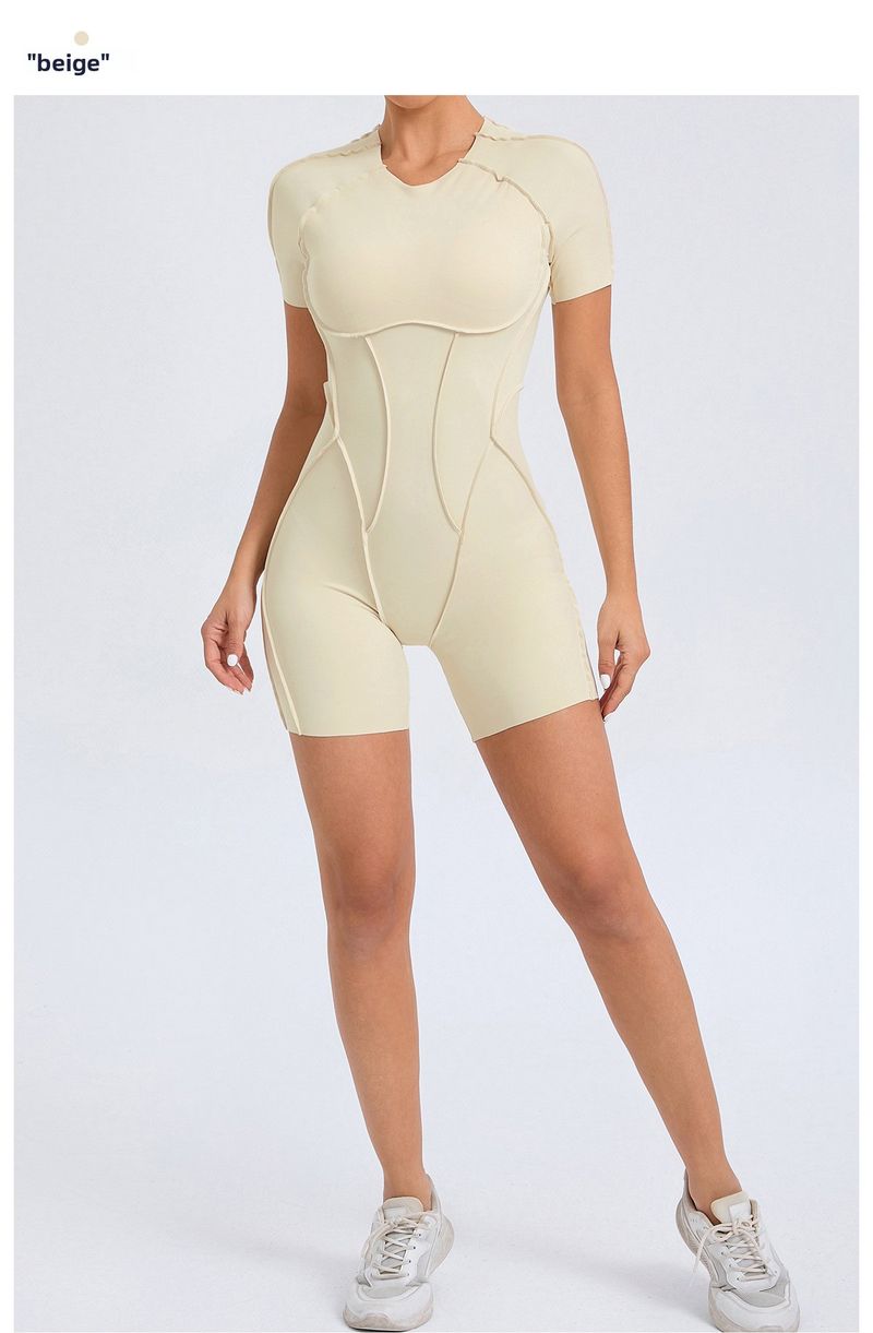 Tuta sportiva da yoga in un unico pezzo, aderente, a maniche corte e senza schienale, con estetica tridimensionale europea e americana_voghion.com