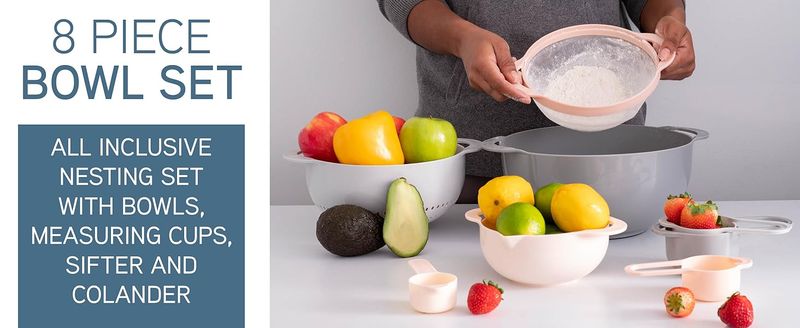 COOK WITH COLOR Nesting Bowls With Measuring Cups Colander And Sifter Set - Includes Mixing Bowls, Colander,Sifter And Measuring Cups, Pink, 8 Pc Bowl_voghion.com