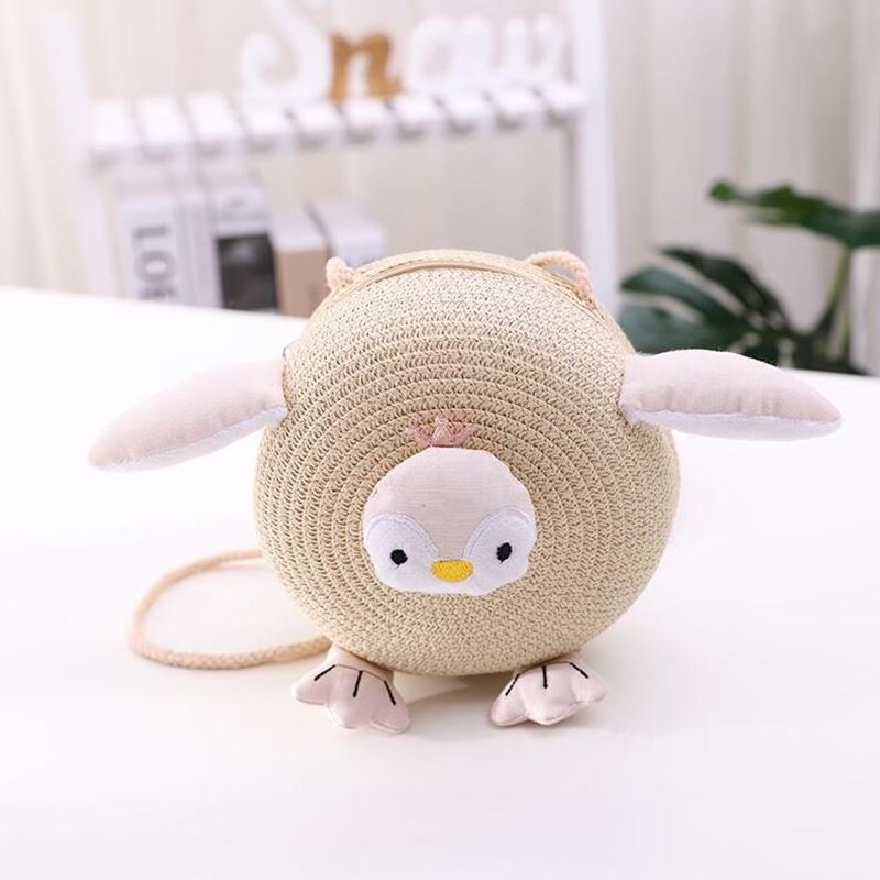 Borsa carina per bambini a forma di pinguino, turismo da spiaggia in paglia intrecciata, shopping, cappello parasole, cappello da vasca con cartoni animati_voghion.com