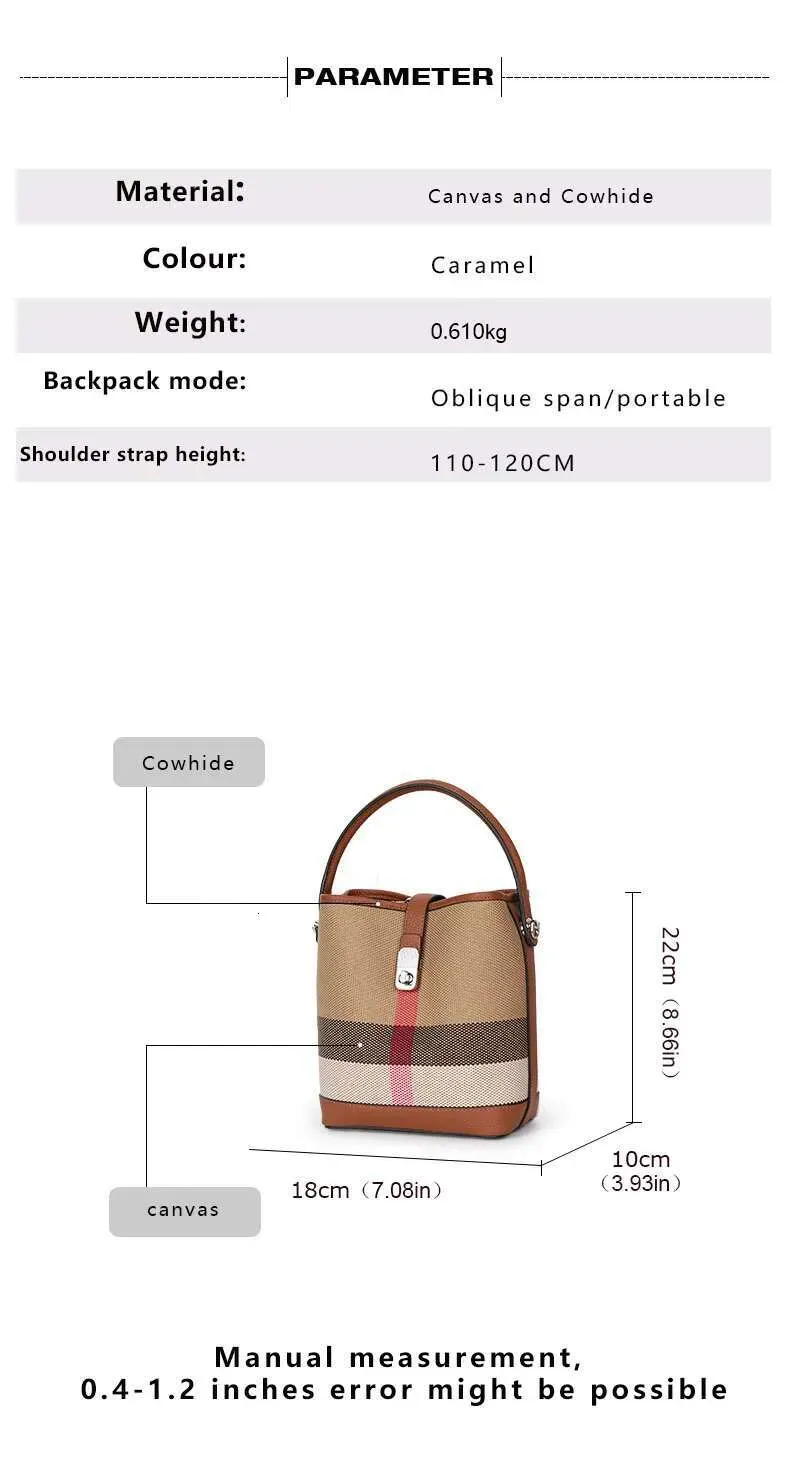Nuova borsa a tracolla da donna in tela abbinata a pelle di mucca, borsa a secchiello alla moda con motivo scozzese_voghion.com