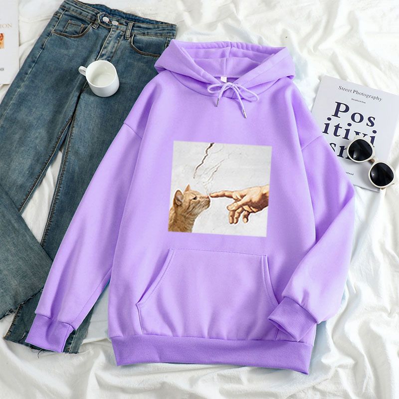 2024 Nieuwe dameskleding herfst/winter grappige Adam's Hand of Creation en Cat hooded sweatshirt_voghion.com