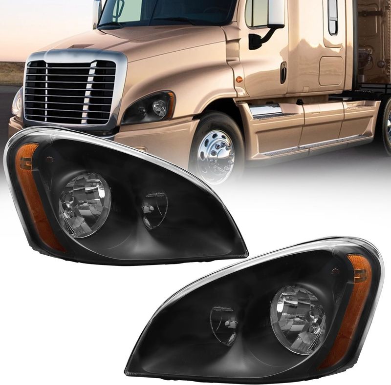 Headlights Assembly Fit For 2008-2016 Freightliner Cascadia,Black Housing Headlamps,Left And Right Pair Set, Including Halogen Bulbs_voghion.com