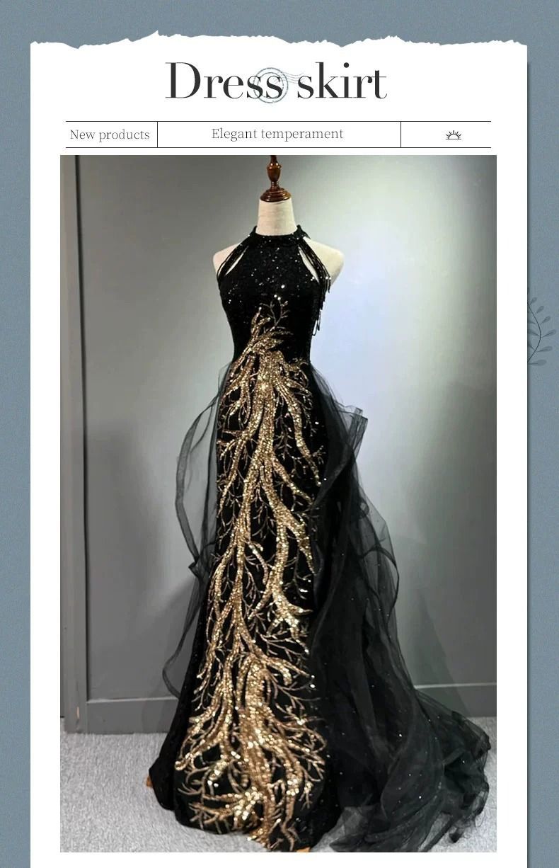 Schwarzes Neckholder-Abendkleid mit Fischschwanz – Hochwertiges, schmal geschnittenes Abendkleid für Prominente für Hochzeiten und Galas (XS-5XL)_voghion.com