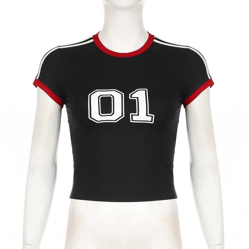 T-shirt da donna in stile retrò americano, vestibilità slim, girocollo, manica lunga, stampa a righe – Tessuto in maglia confortevole con design a blocchi di colore_voghion.com