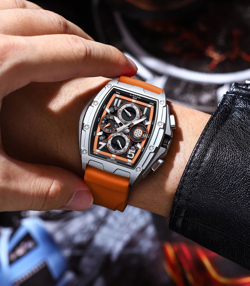 Men's Fashion Quartz Watch With Chronograph, Skeleton Dial, Water Resistant, Stainless Steel Case, Silicone Strap, Casual Business Timepiece_voghion.com