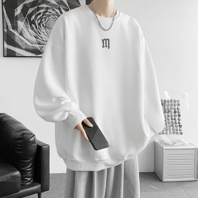 Felpa girocollo primaverile e autunnale da uomo, maglietta con spalle scese stampate, giacca ampia senza cappuccio, coppia alla moda_voghion.com