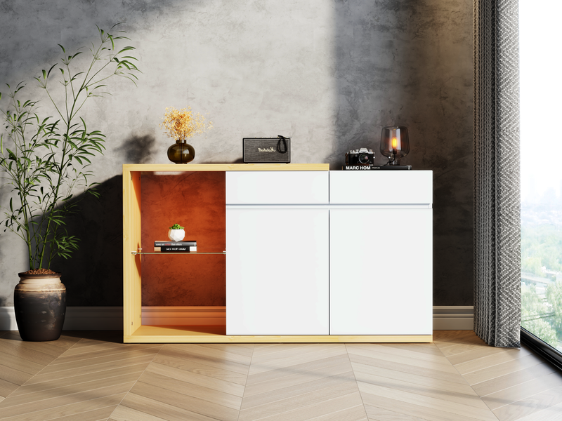 Buffet LED 120 cm de large, meuble de rangement multifonctionnel avec 2 portes et 2 tiroirs, meuble buffet avec éclairage LED_voghion.com