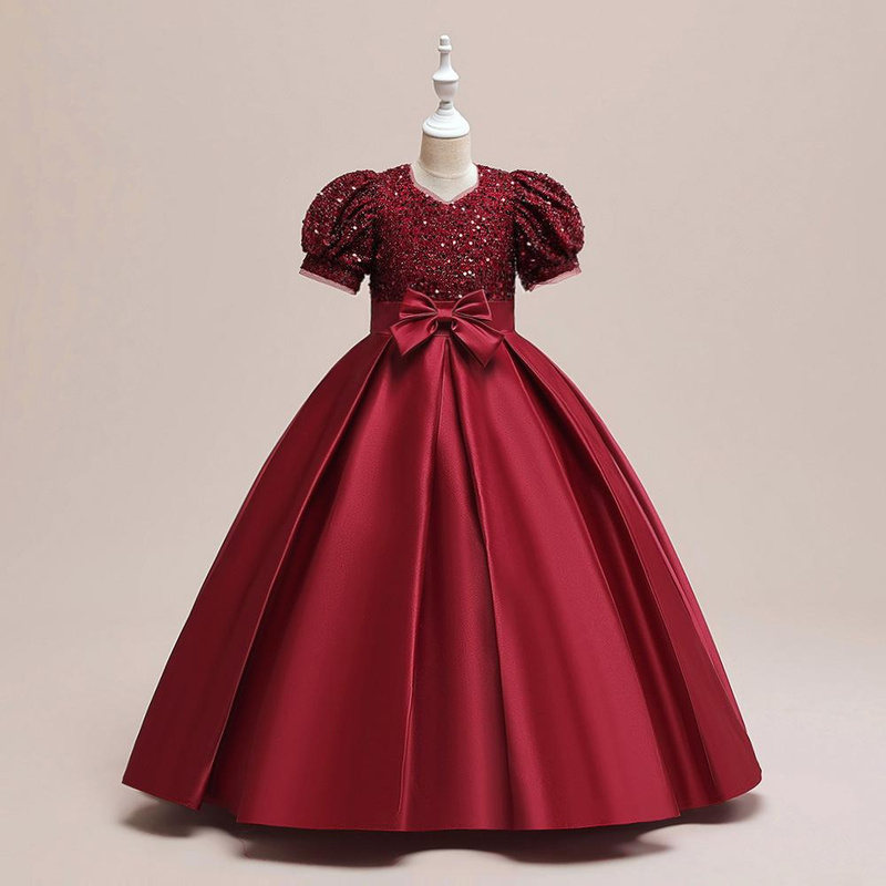Nuovo vestito da principessa per bambine di taglia media e grande con maniche a sbuffo in glitter e gonna tutù in raso con giunture_voghion.com