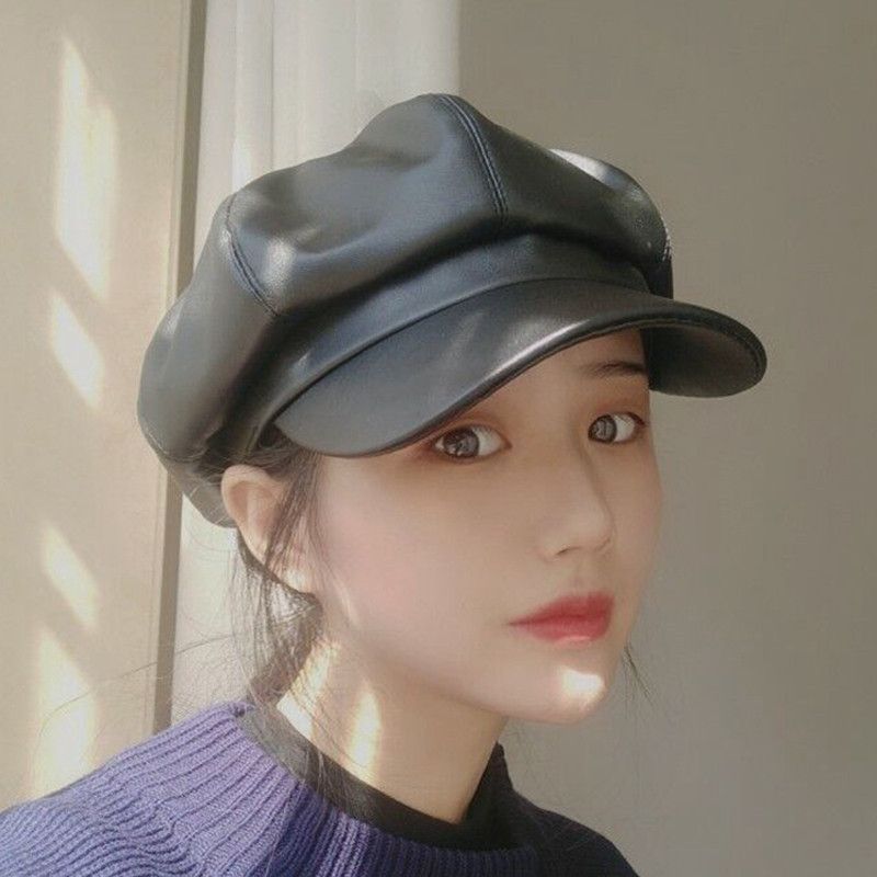 Moda COKK Cappello in pelle Autunno Inverno Berretto da giornalaio Donna Nero Moda Donna Vintage Cappelli Gorros Berretto_voghion.com