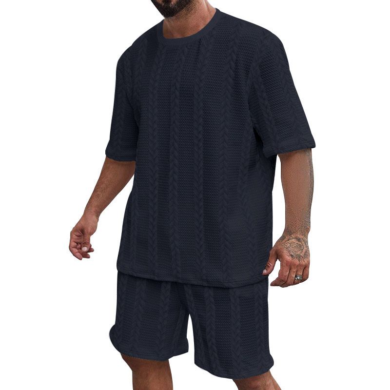 24 Strick-Set aus einfarbigem Jacquard, Sommer, lässig, Rundhalsausschnitt, Pullover, Kurzarm, Shorts, Sport-Set für Herren_voghion.com