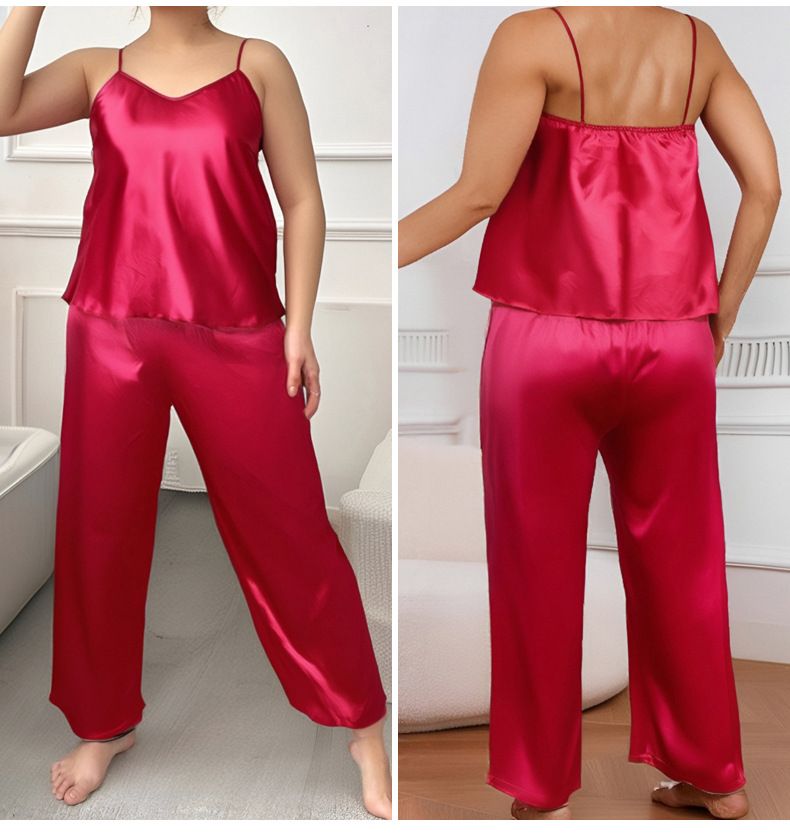 Naisten yöpuvut kevät ja syksy pyjamat yksiväriset painetut henkselit housut kaksiosainen puku_voghion.com