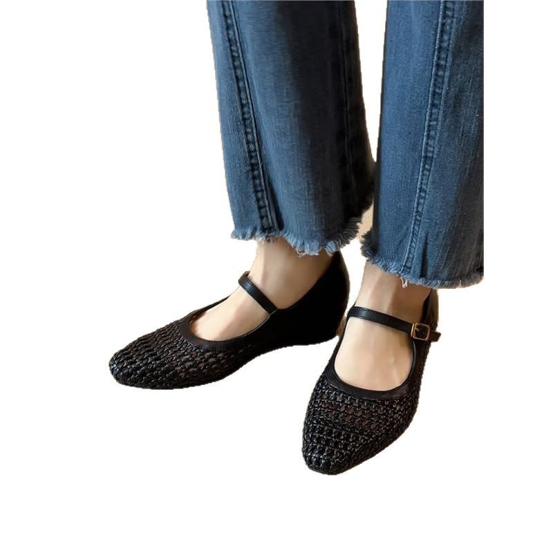 【】Genuine Leather~ Internal Height Increase Ultra Soft Women's Clogs Handmade Woven Style Mules Mary Jane Shoes_voghion.com