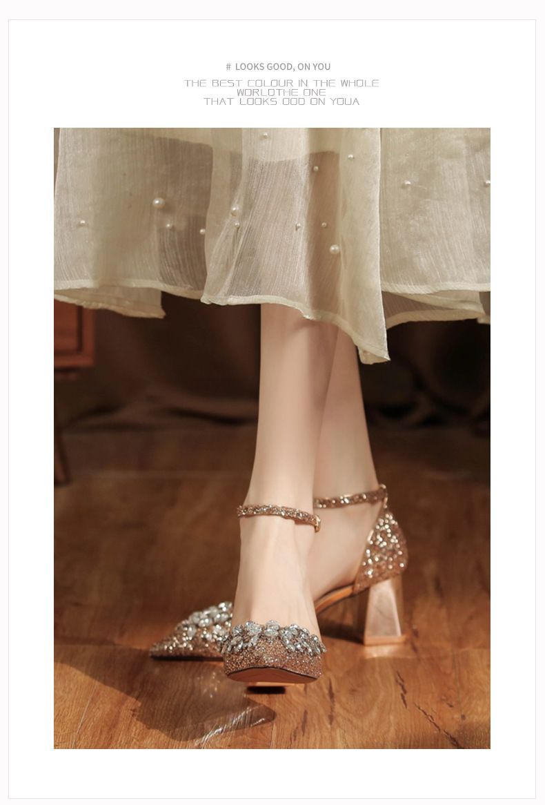 6666-3 Scarpe con tacco grosso, paillettes, strass, fibbia, cinturino singolo, abito da banchetto da sposa, tacchi alti, eleganti glitter_voghion.com