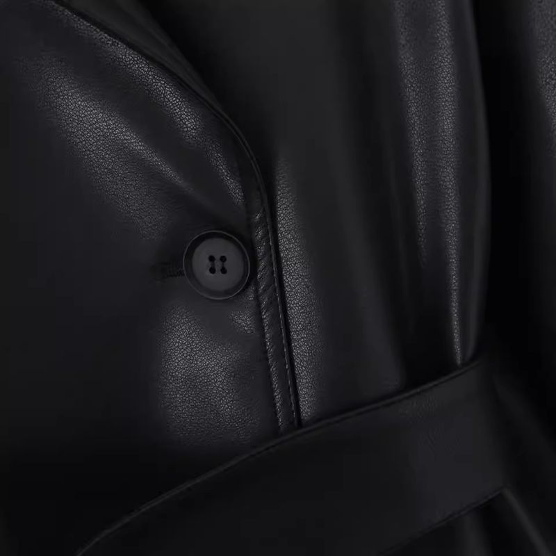 Herfst Nieuwe Dames Effen Kleur Dubbelrijs Met Taille Riem, Middellange Leren Windjack_voghion.com