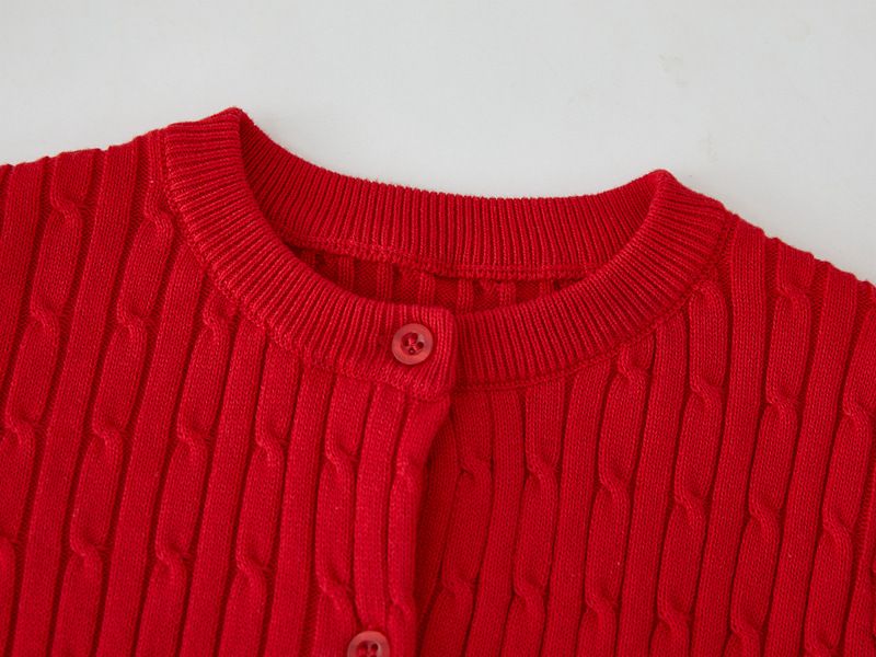 Cardigan lavorato a maglia per mamma e bambini, a maniche lunghe, con motivo a trecce, per bambini di taglia piccola e media (100-140 cm), in morbido cotone, con scollo rotondo e bottoni sul davanti (rosa, rosso)._voghion.com