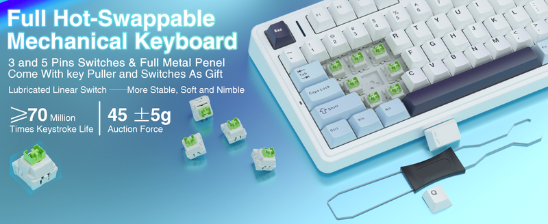 AULA F75 Mechanical Keyboard Gaming, 2.4 GHz/Type-C/BT5.0 Mechanical Keyboard With Button, Five Layer Filled Structure, RGB, QWERTY, Hot-Swap, Creamy_voghion.com