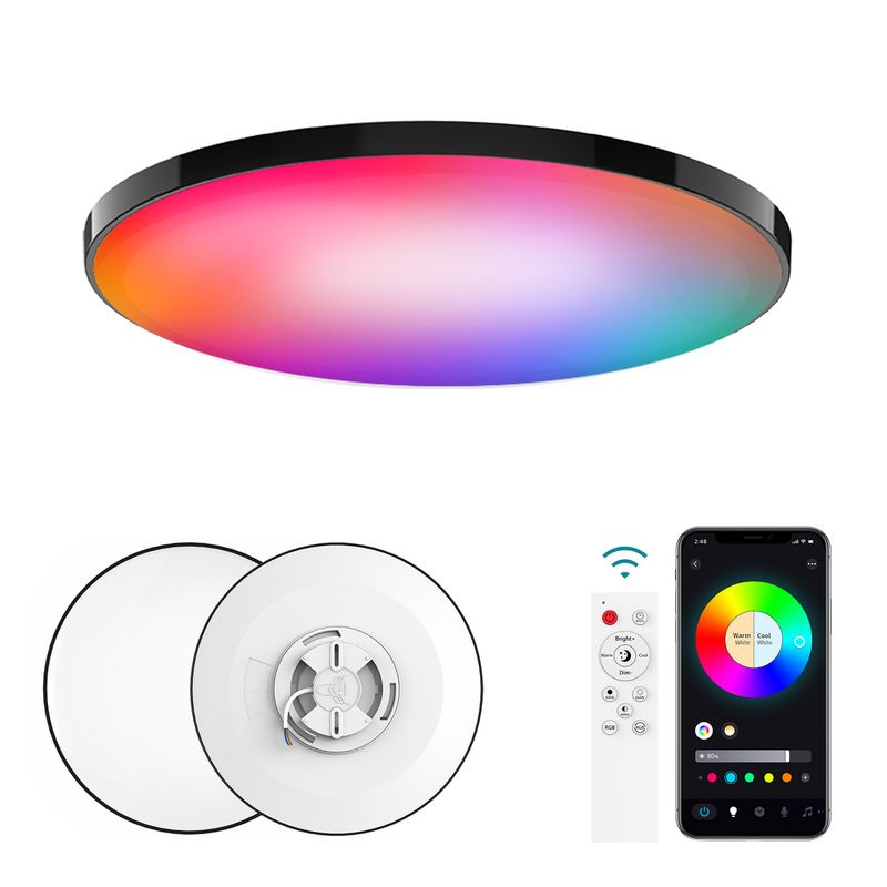 Glühbirnen Smart Wifi Bluetooth Fernbedienung Dimmen Farbe Stimme Moderne ultradünne einfache schwarze Rahmen Drei-Beweis-Deckenlampe_voghion.com