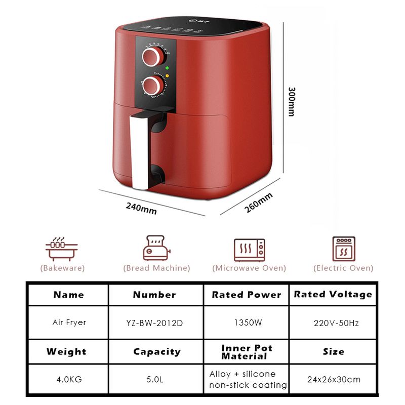 Freidora de aire con apagado automático, sin aceite, multifuncional, con aire caliente circulante, 5 l, revestimiento antiadherente, para el hogar_voghion.com