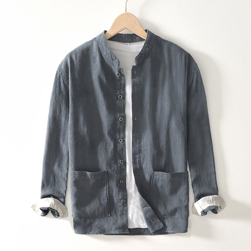 Camicia a maniche lunghe in ramiè con colletto alto in stile cinese, camicia casual in lino traspirante per uomo_voghion.com