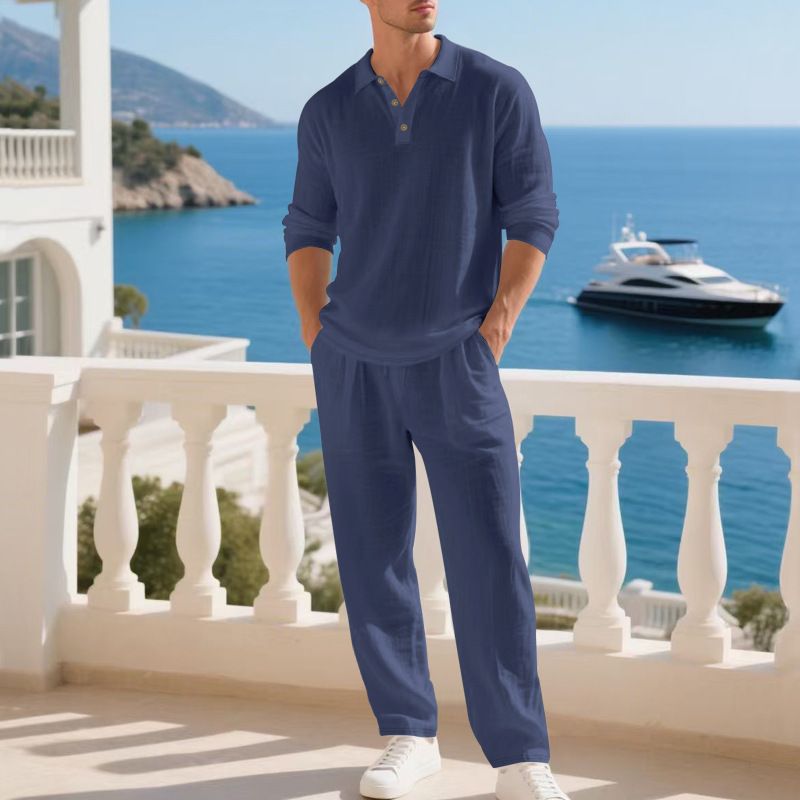 Set da due pezzi da uomo in lino, casual, semplice, largo, con polo e maniche lunghe, modello 2025, primavera e autunno_voghion.com