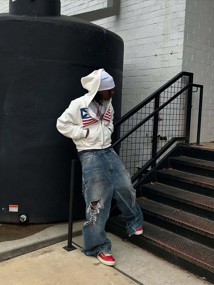 Felpa con cappuccio e zip ricamata Y2K Streetwear da uomo - Pullover retrò oversize con dettagli in strass, nero e bianco_voghion.com