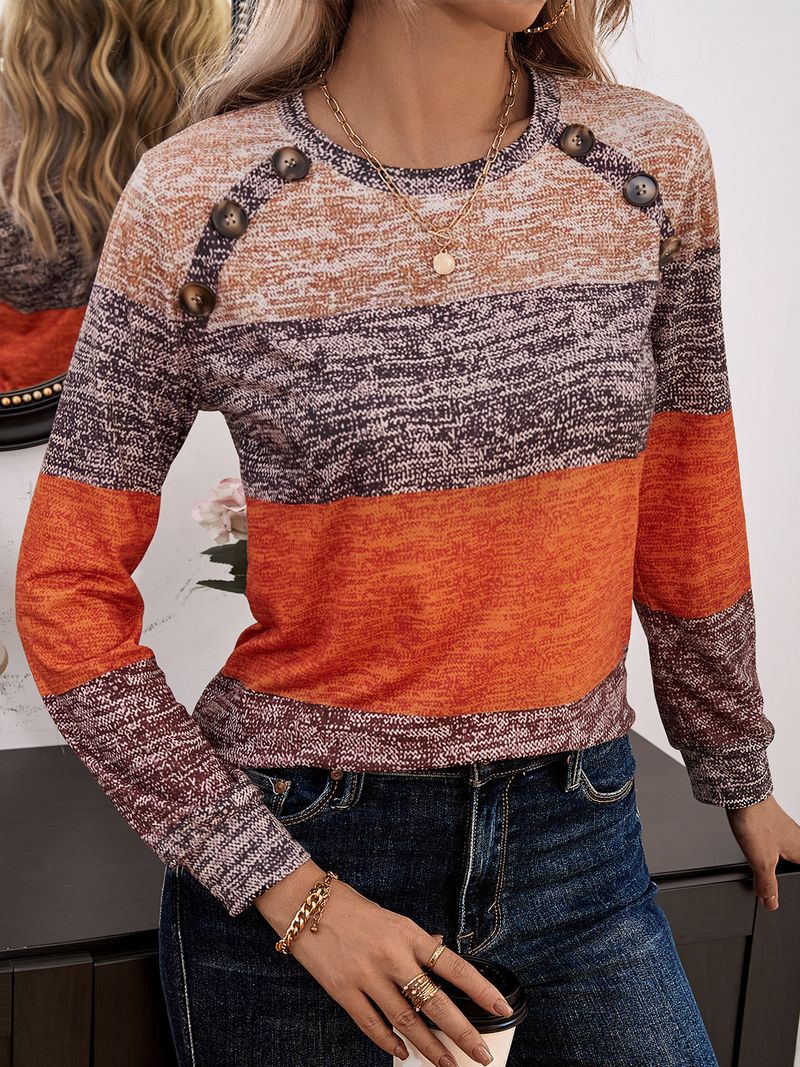 T-shirt girocollo a maniche lunghe con bottoni stampati e motivo a blocchi di colore, per donna, primavera e autunno 2025_voghion.com