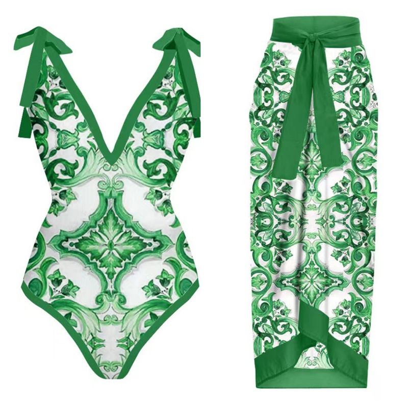 Damen Einteiliger Badeanzug mit Retro-Print, für heiße Quellen, Urlaub, Strandkleid, Bikini-Set_voghion.com